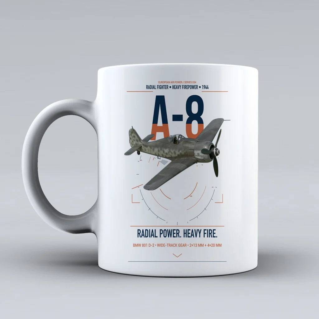 Focke-Wulf Fw 190A-8 design on white ceramic mug, double-side print