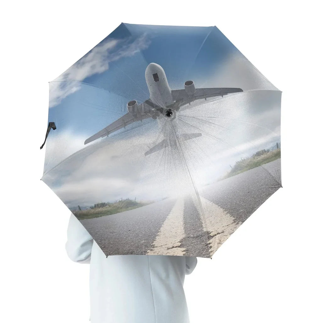 Taking Off aviation design on windproof polyester umbrella.