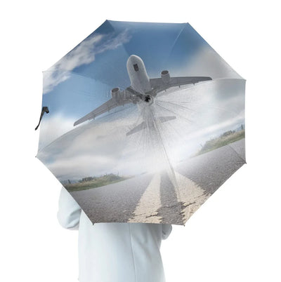 Taking Off aviation design on windproof polyester umbrella.