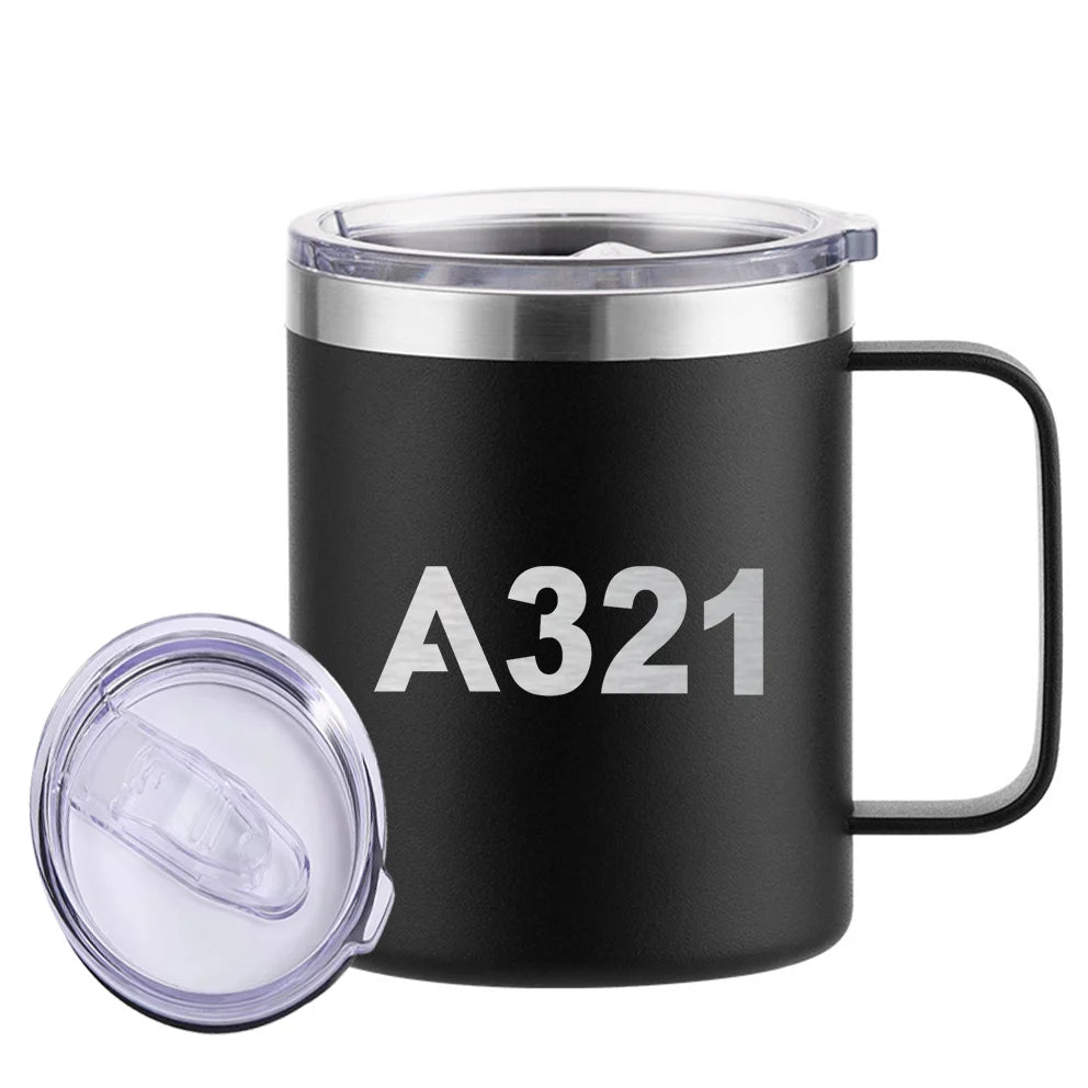 Airbus A321 Flat Text aviation design on laser-engraved mug, permanent laser engraving on stainless.