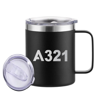 Airbus A321 Flat Text aviation design on laser-engraved mug, permanent laser engraving on stainless.