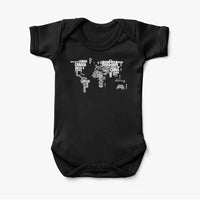 Thumbnail for World Map (Text) aviation print on kids gentle cotton bodysuit.