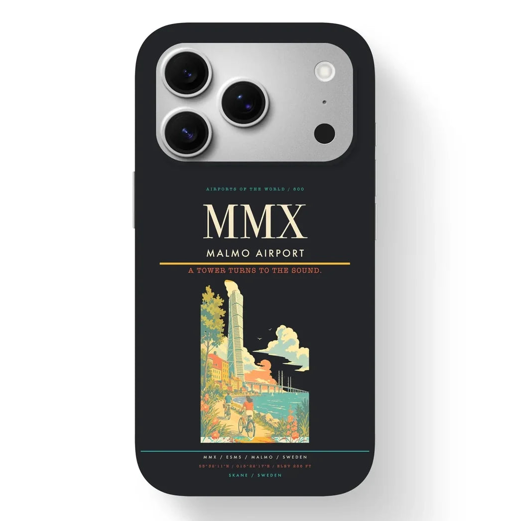 Malmo Airport (MMX) design on black iPhone 17 Pro MagSafe case