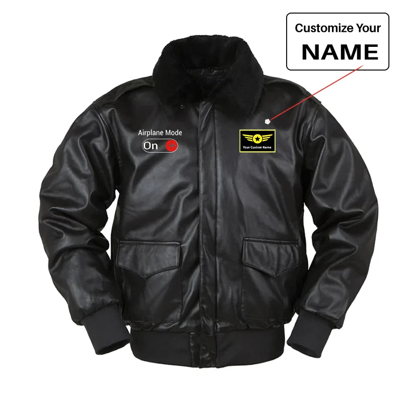 Airplane Mode On aviation design printed on genuine leather with shearling-style collar leather bomber jacket.