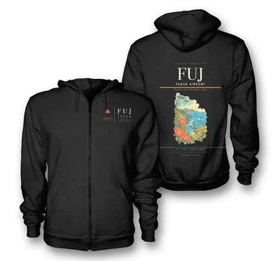 Fukue Airport (FUJ) design on black premium zipped hoodie