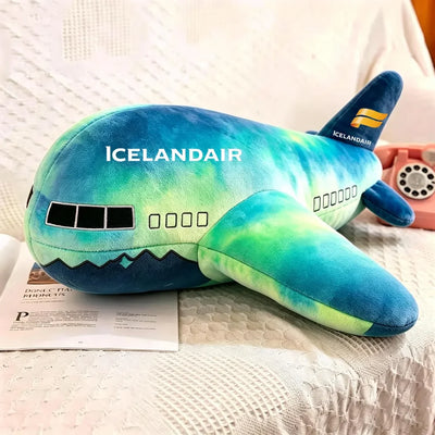 Icelandair Hekla Aurora aviation design on soft polyester filling airplane-shape decorative pillow.
