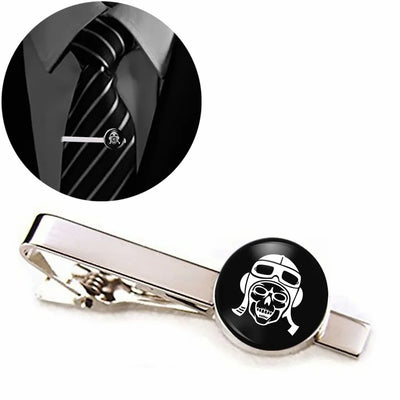 Skeleton aviation-themed tie clip, polished stainless steel.