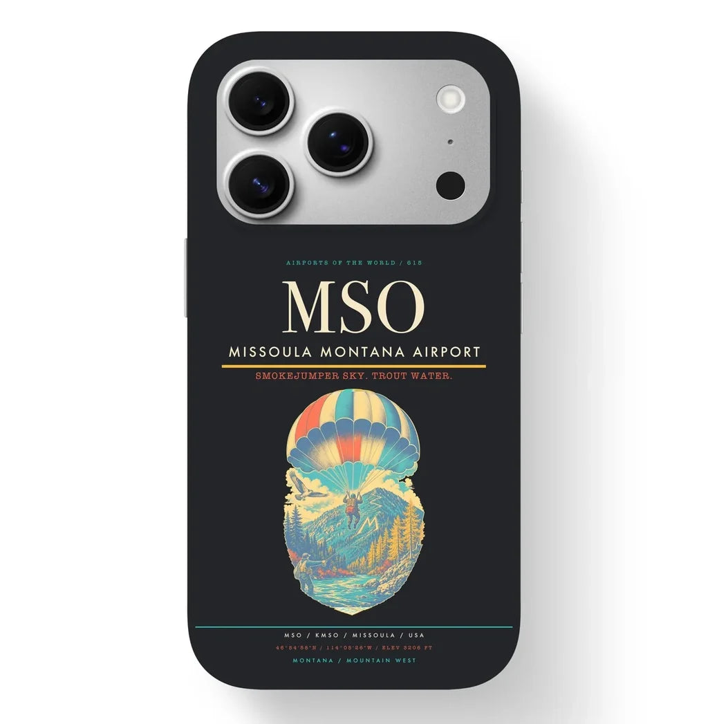 Missoula Airport (MSO) design on black iPhone 17 Pro MagSafe case