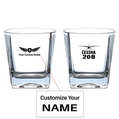 Cessna 208 & Plane aviation design on whiskey glass, crystal-clear premium glassware.