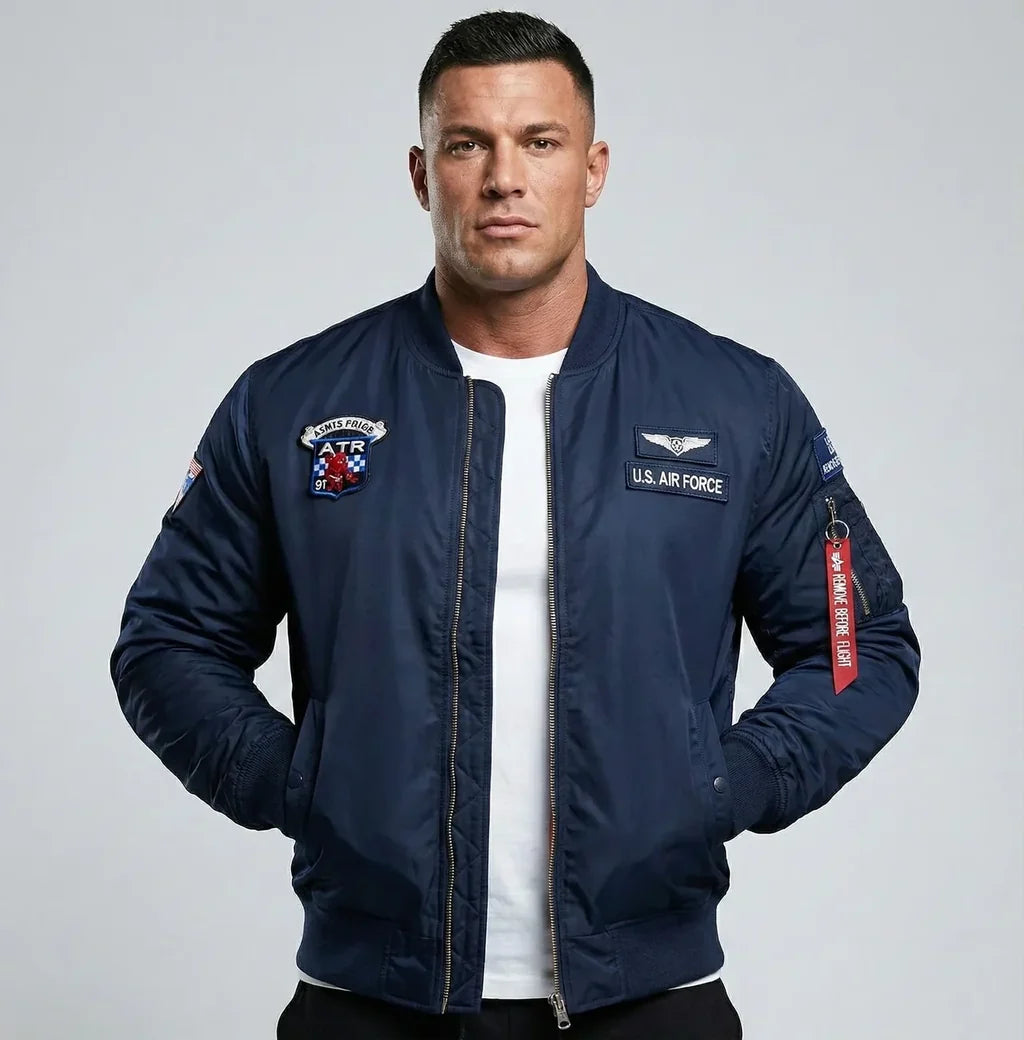 US Air Force bomber jacket — military pilot styling — aviation outerwear