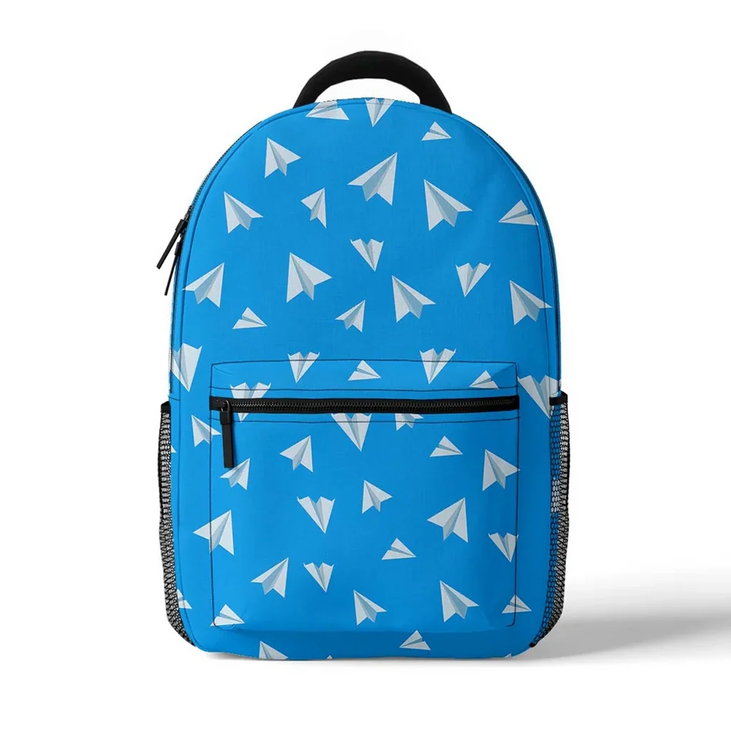 Paper Airplanes aviation design backpack, durable polyester construction.