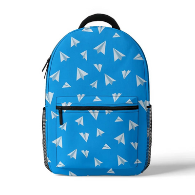Paper Airplanes aviation design backpack, durable polyester construction.