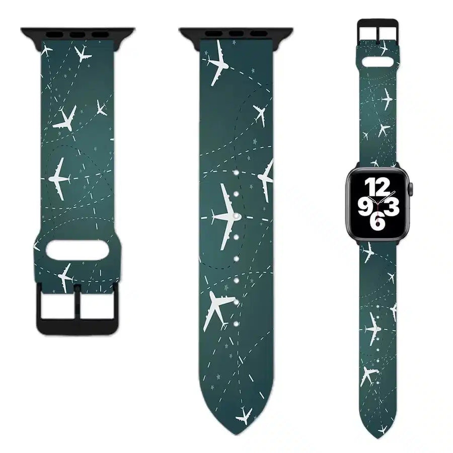 Travelling with Aircraft (Green) aviation Apple Watch band, soft silicone body with engraved detail.
