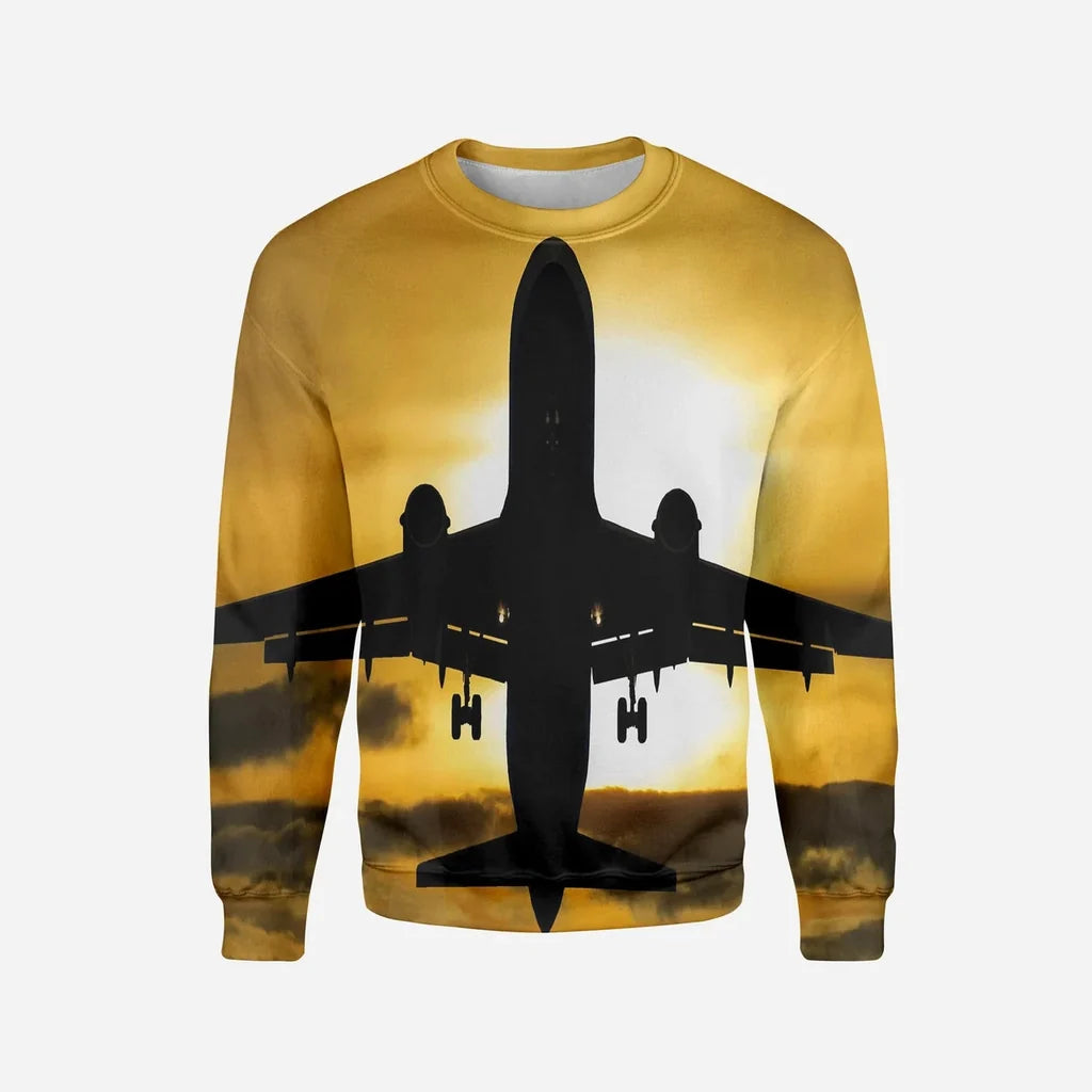 Departing Passanger Jet During Sunset Printed aviation design printed on soft cotton blend 3D sweatshirt.