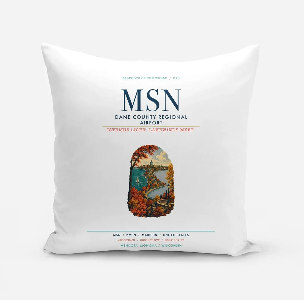 Dane County Regional Airport Madison (MSN) design on white pillow