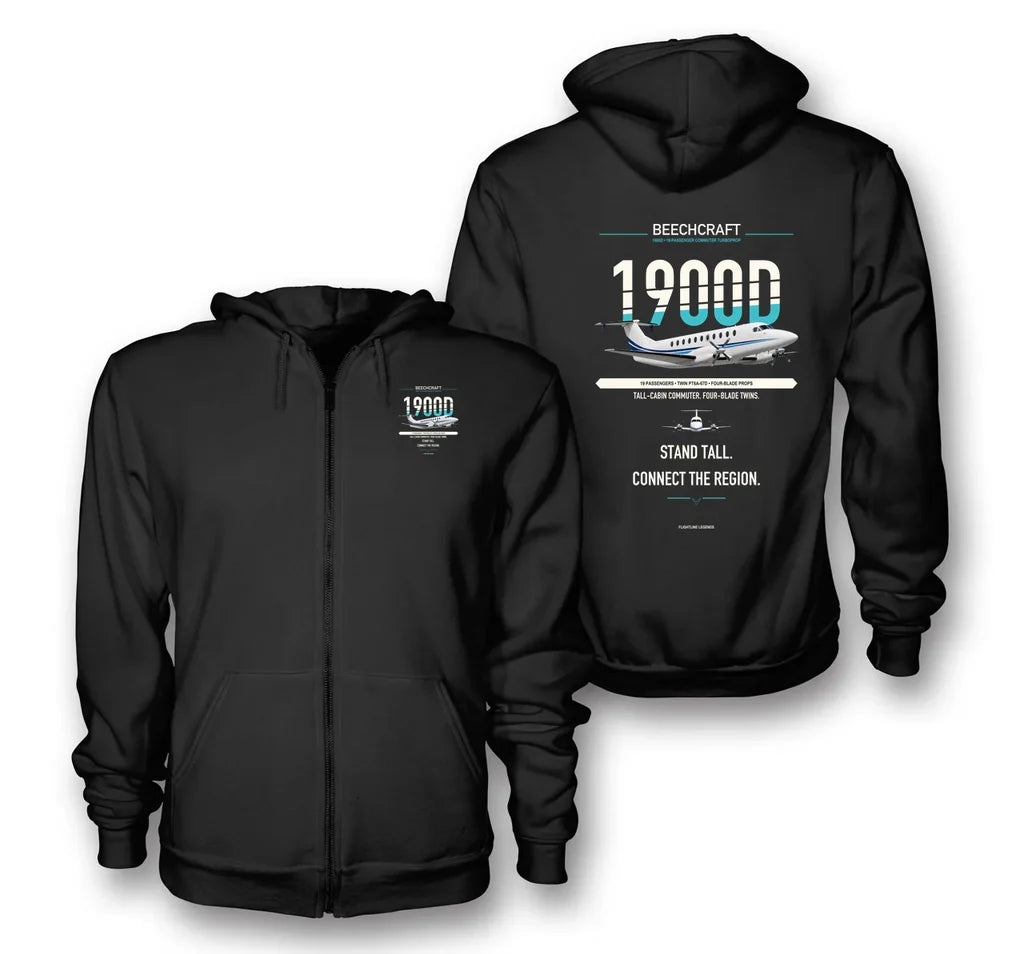 Beechcraft 1900D design on black zipped hoodie