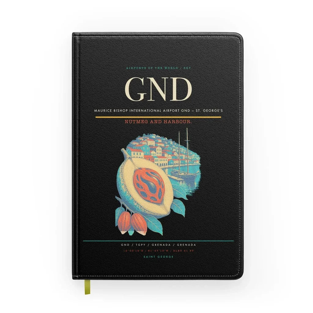 Maurice Bishop International Airport (GND) design on black notebook