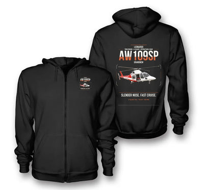Leonardo AW109SP GrandNew design on black premium zipped hoodie, double-side print
