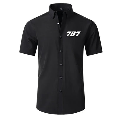 Boeing 787 Flat Text Short Sleeve aviation design printed on soft cotton 2D-printed shirt.