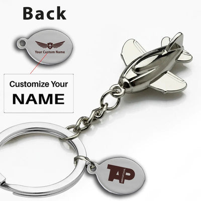 TAP Portugal Airlines aviation airplane-shape key chain in polished metal alloy.