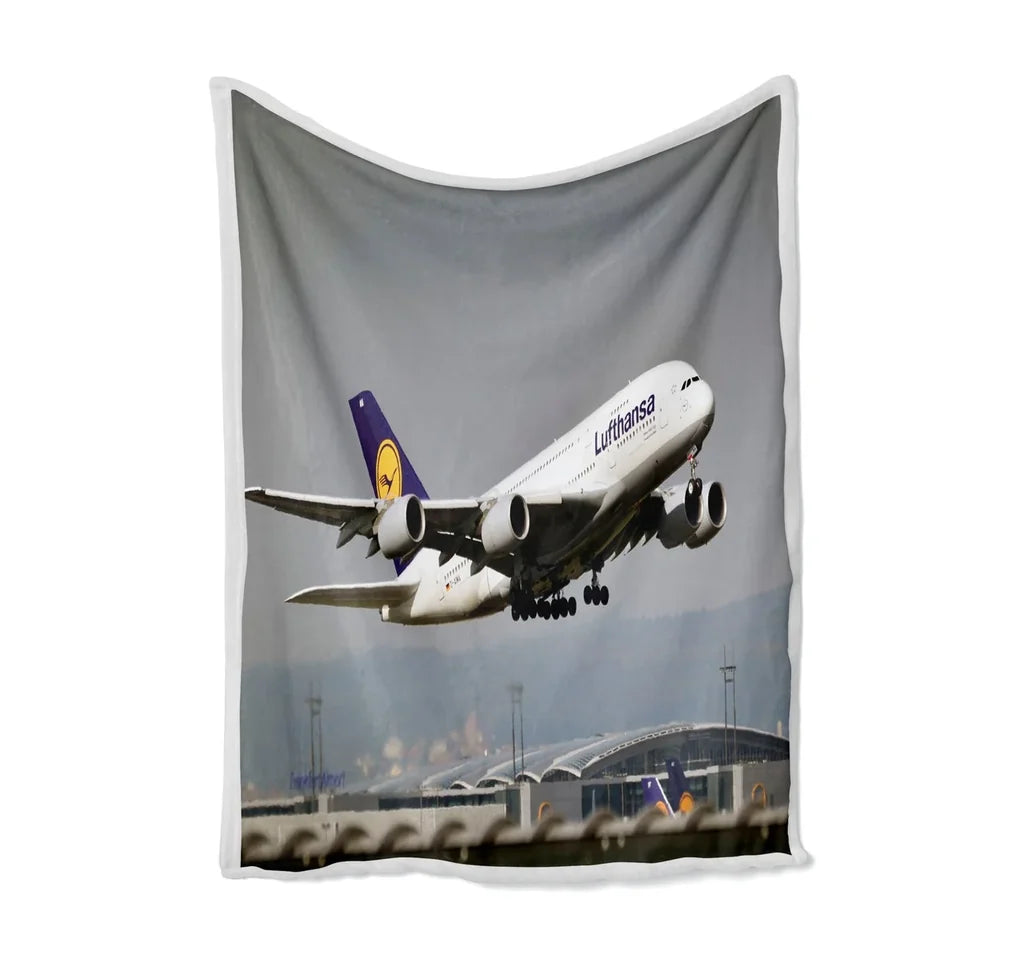 Departing Lufthansa's A380 Bed Blankets & aviation print on soft fleece blanket.