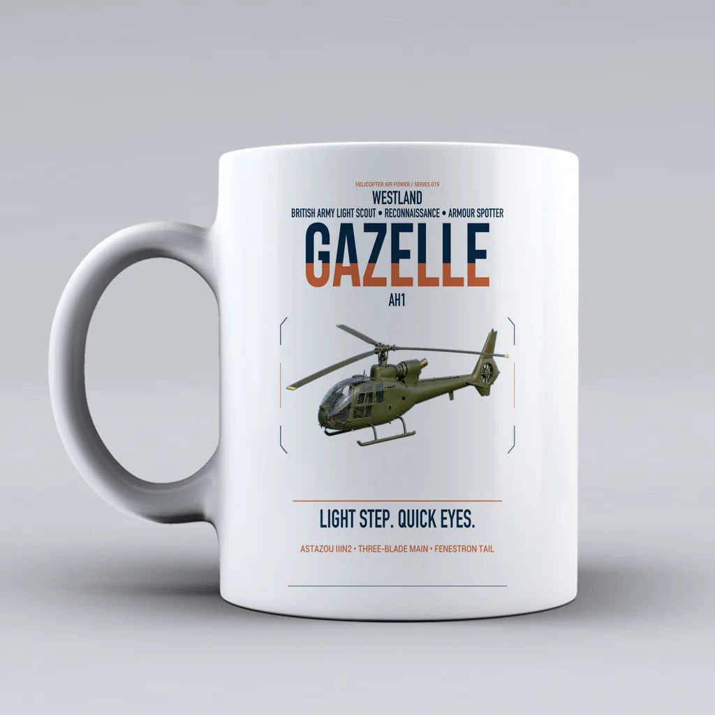 Westland Gazelle AH1 design on white ceramic mug, double-side print