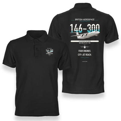BAe 146-300 design on black double-side polo t-shirt, double-side print