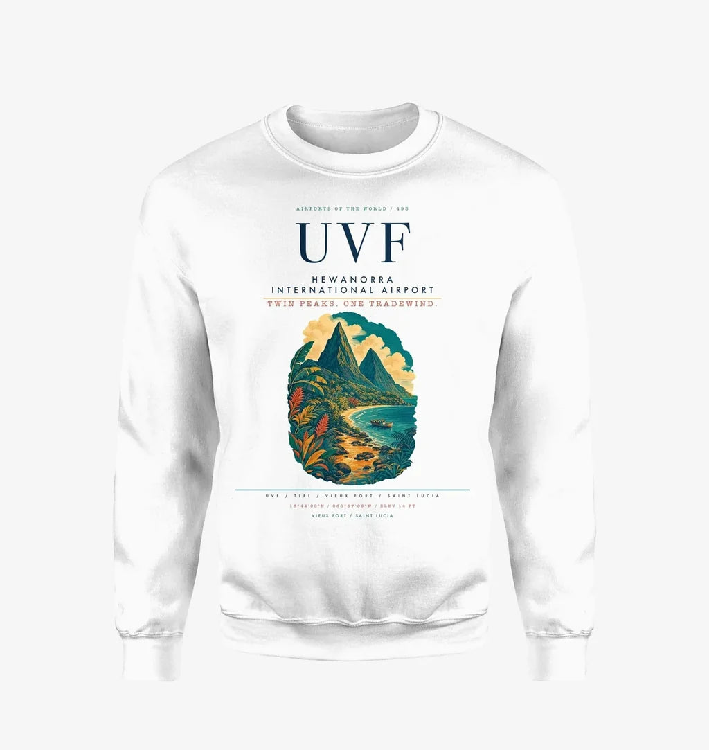 Hewanorra International Airport (UVF) design on white sweatshirt
