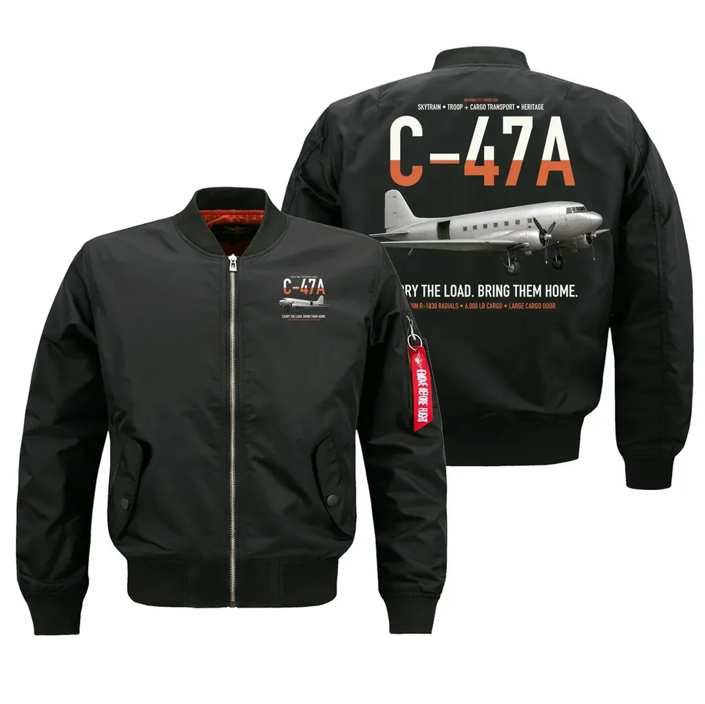 C-47A Skytrain design on black bomber jacket, double-side print