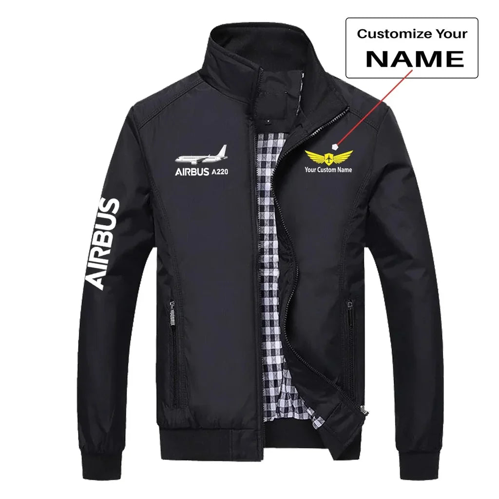 The Airbus A220 aviation design printed on modern shell with tailored fit stylish jacket.
