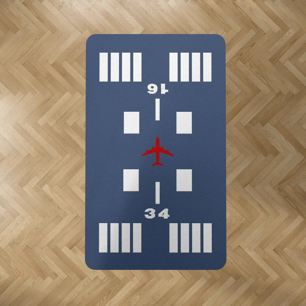Special Runway (Blue) 34-16 aviation print rectangle carpet floor mat, durable carpet pile with non-slip backing.
