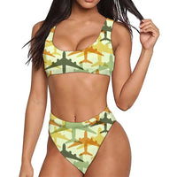 Thumbnail for Seamless Colourful Airplanes aviation design on stretch swim fabric women's bikini set.