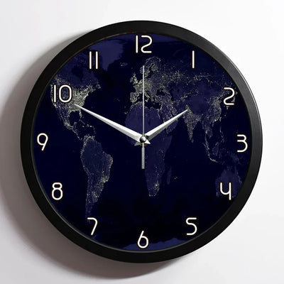 World Map From Space aviation design on premium wood and metal wall clock.