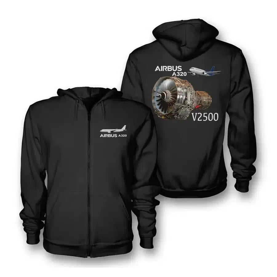 The Airbus A320 & V2500 Engine aviation design on soft cotton blend zipped hoodie.