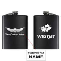 Thumbnail for WestJet Airlines aviation design on stainless hip flask, compact pocket-size flask.