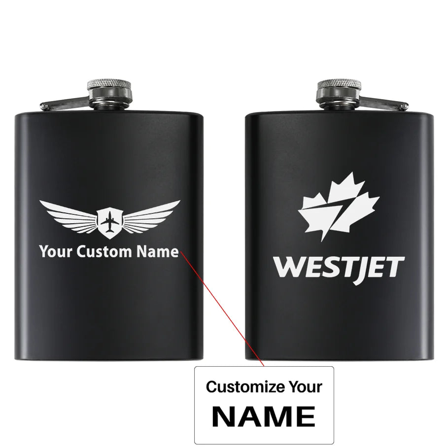 WestJet Airlines aviation design on stainless hip flask, compact pocket-size flask.