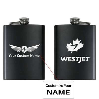 WestJet Airlines aviation design on stainless hip flask, compact pocket-size flask.