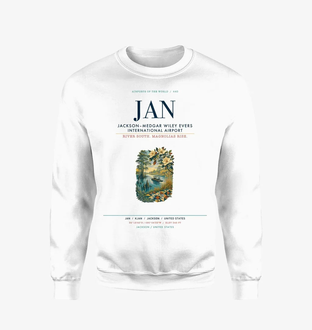 Jackson–Medgar Wiley Evers International Airport (JAN) design on white sweatshirt