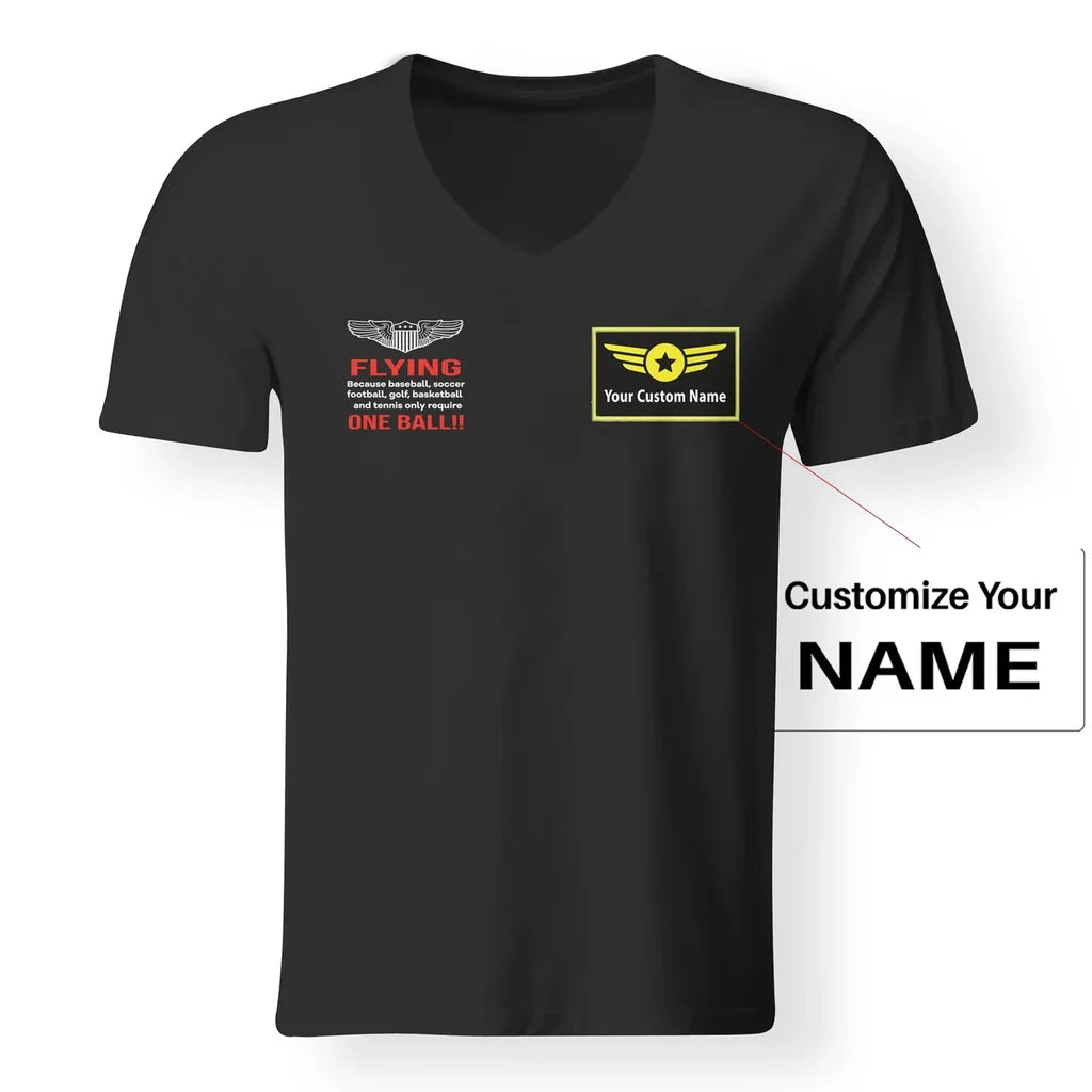 Flying One Ball aviation design printed on soft cotton V-neck T-shirt.
