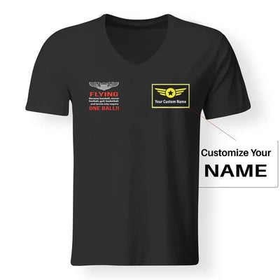 Flying One Ball aviation design printed on soft cotton V-neck T-shirt.
