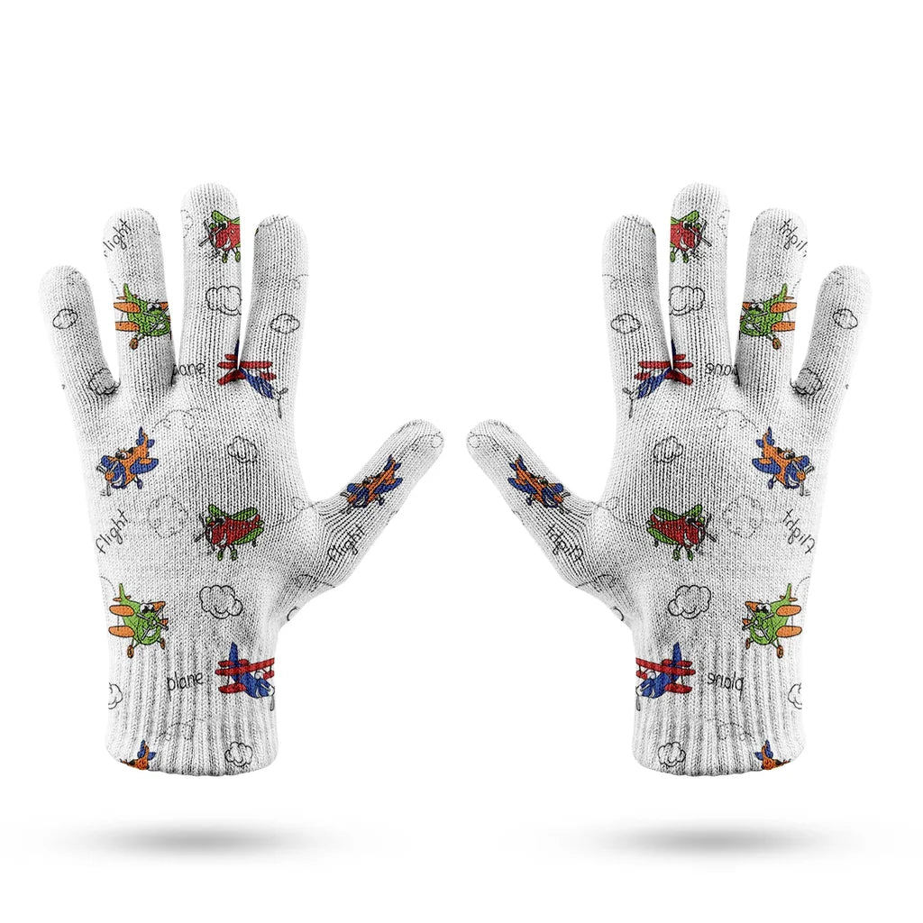 Colorful Cartoon Planes aviation design on soft knit fabric gloves.