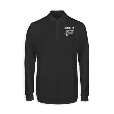 Airbus A330 & Trent 700 Engine aviation design printed on soft cotton long-sleeve polo shirt.