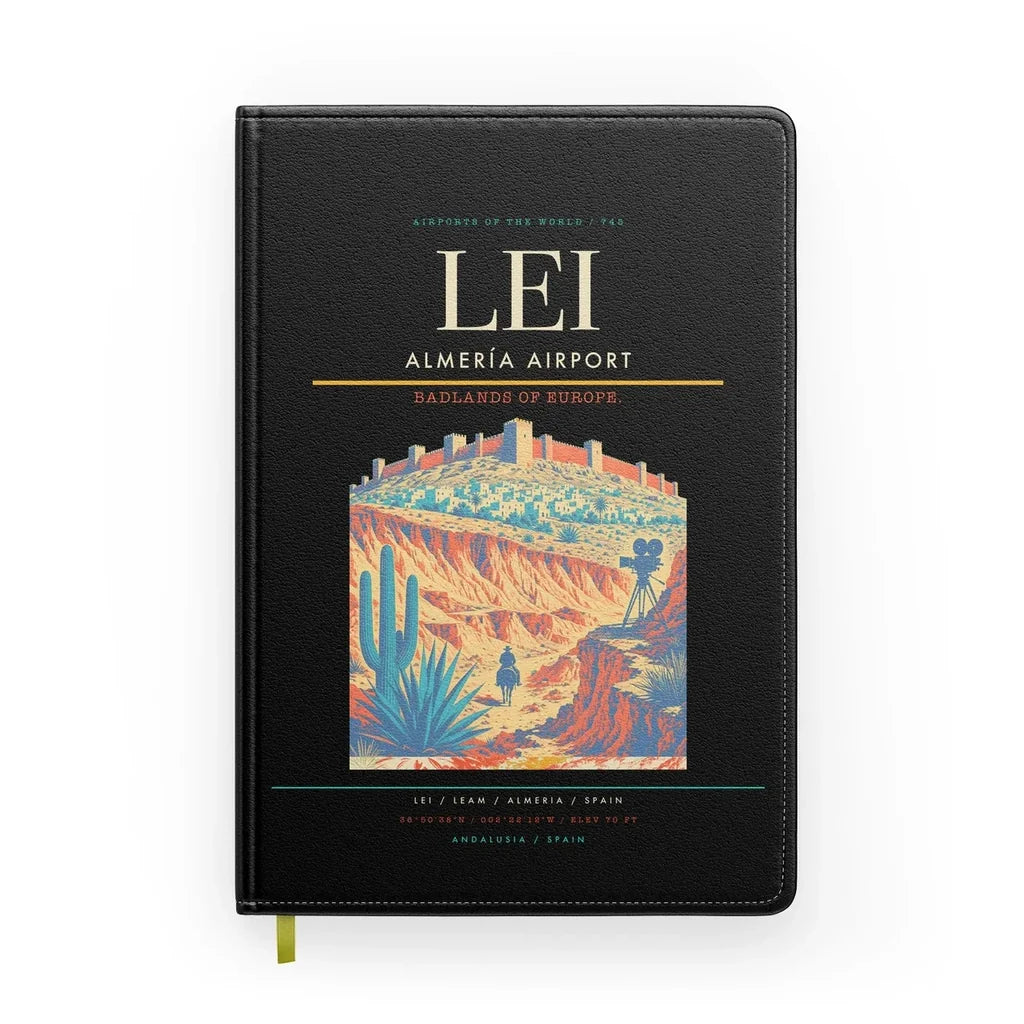 Almería Airport (LEI) design on black notebook