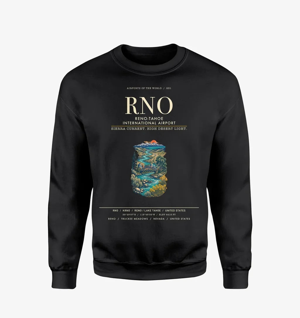 Reno-Tahoe International Airport (RNO) design on black sweatshirt
