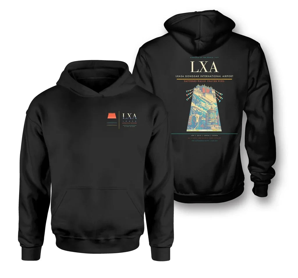 Lhasa Gonggar International Airport (LXA) design on black double-side hoodie