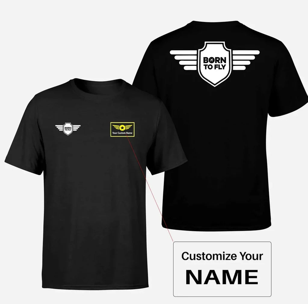 Born To Fly & Badge aviation design printed on soft cotton double-side print T-shirt.