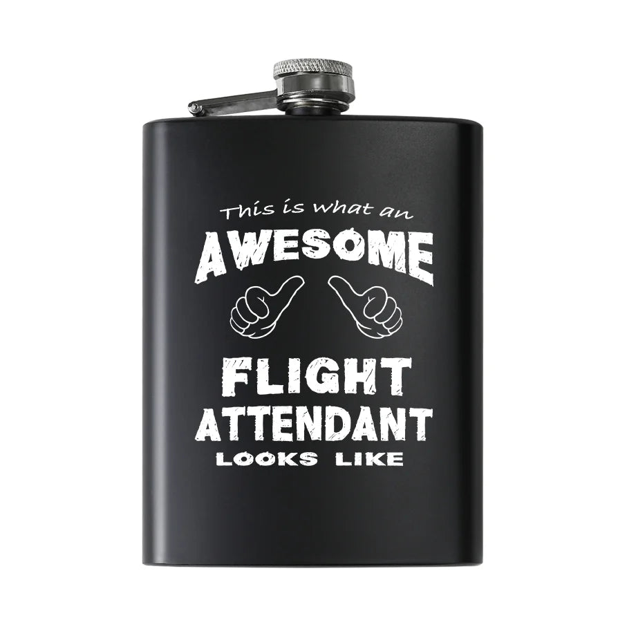 Flight Attendant aviation design on stainless hip flask, compact pocket-size flask.