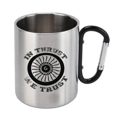 In Thrust We Trust (Vol 2) aviation design on outdoor mug, durable insulated construction.