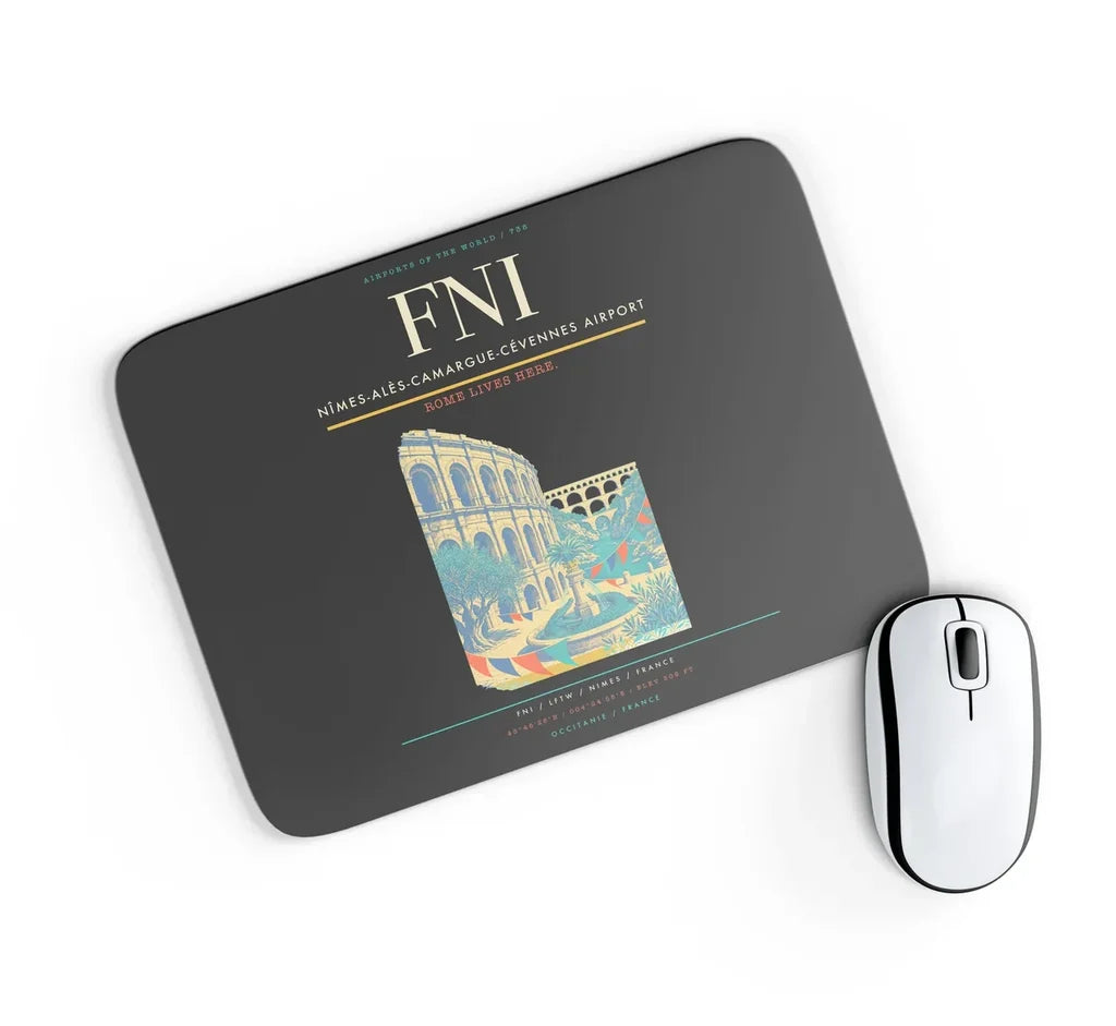 Nîmes-Alès-Camargue-Cévennes Airport (FNI) design on black rectangle mouse pad
