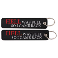 Thumbnail for HELL WAS FULL SO I CAME BACK aviation fashion key chain in polished metal.